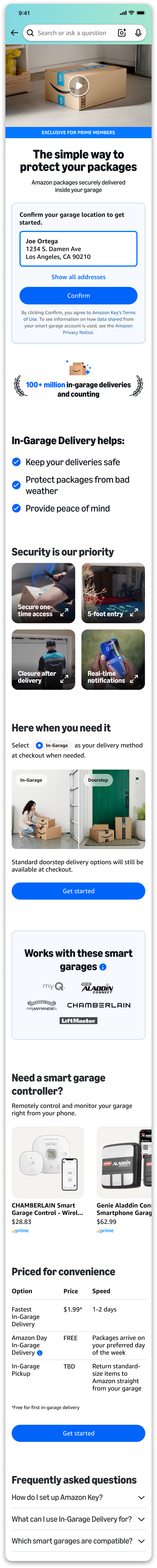 The full redesigned In-Garage Delivery landing page, from video hero to FAQ.
