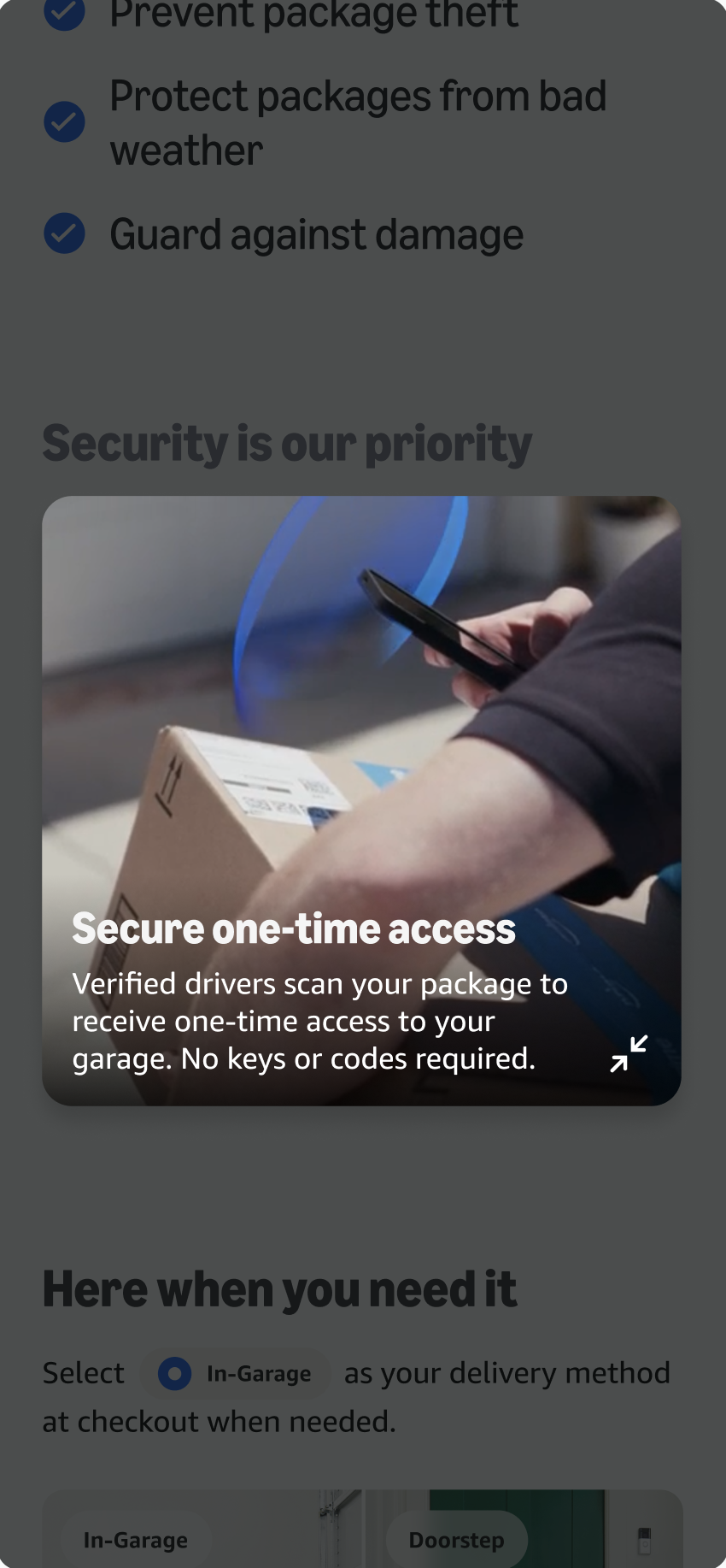 Expanded security pop-out: how In-Garage Delivery works.
