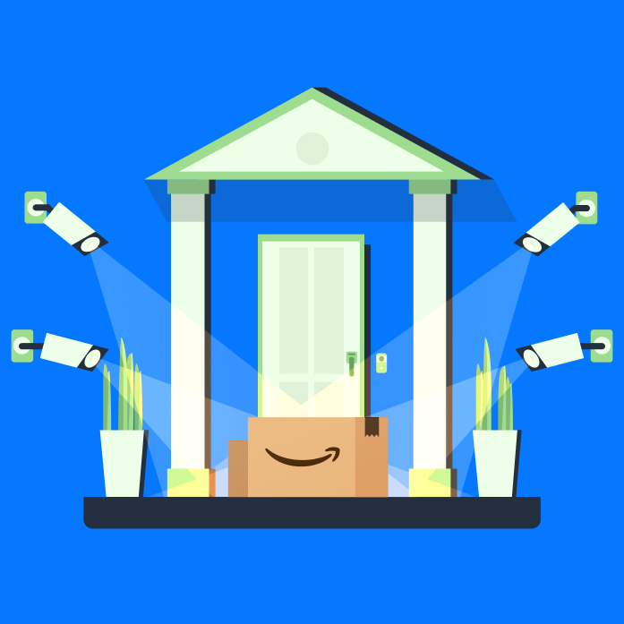 Illustration of a house entrance on a blue background with security cameras spotlighting an Amazon package at the door.