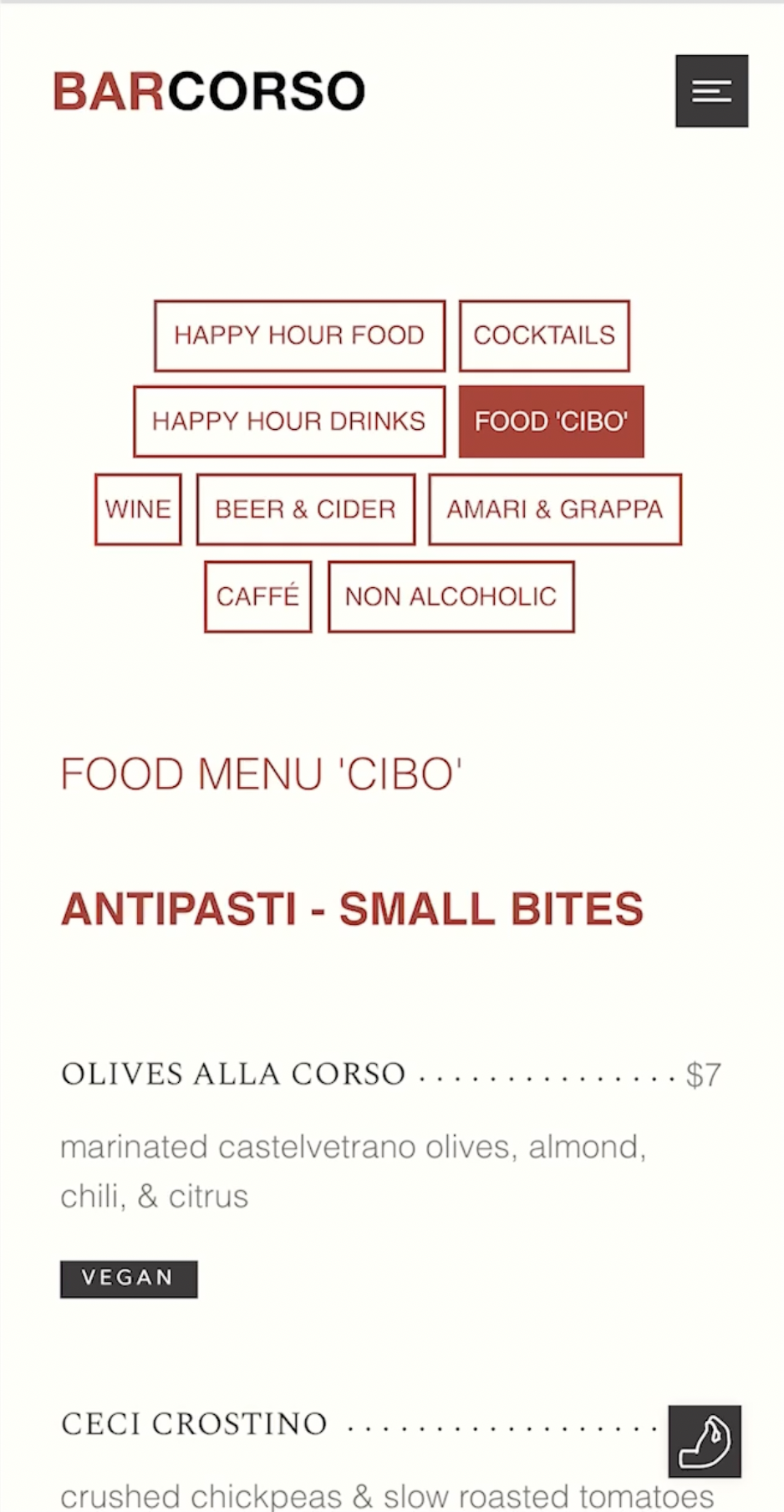 Bar Corso mobile menu design.