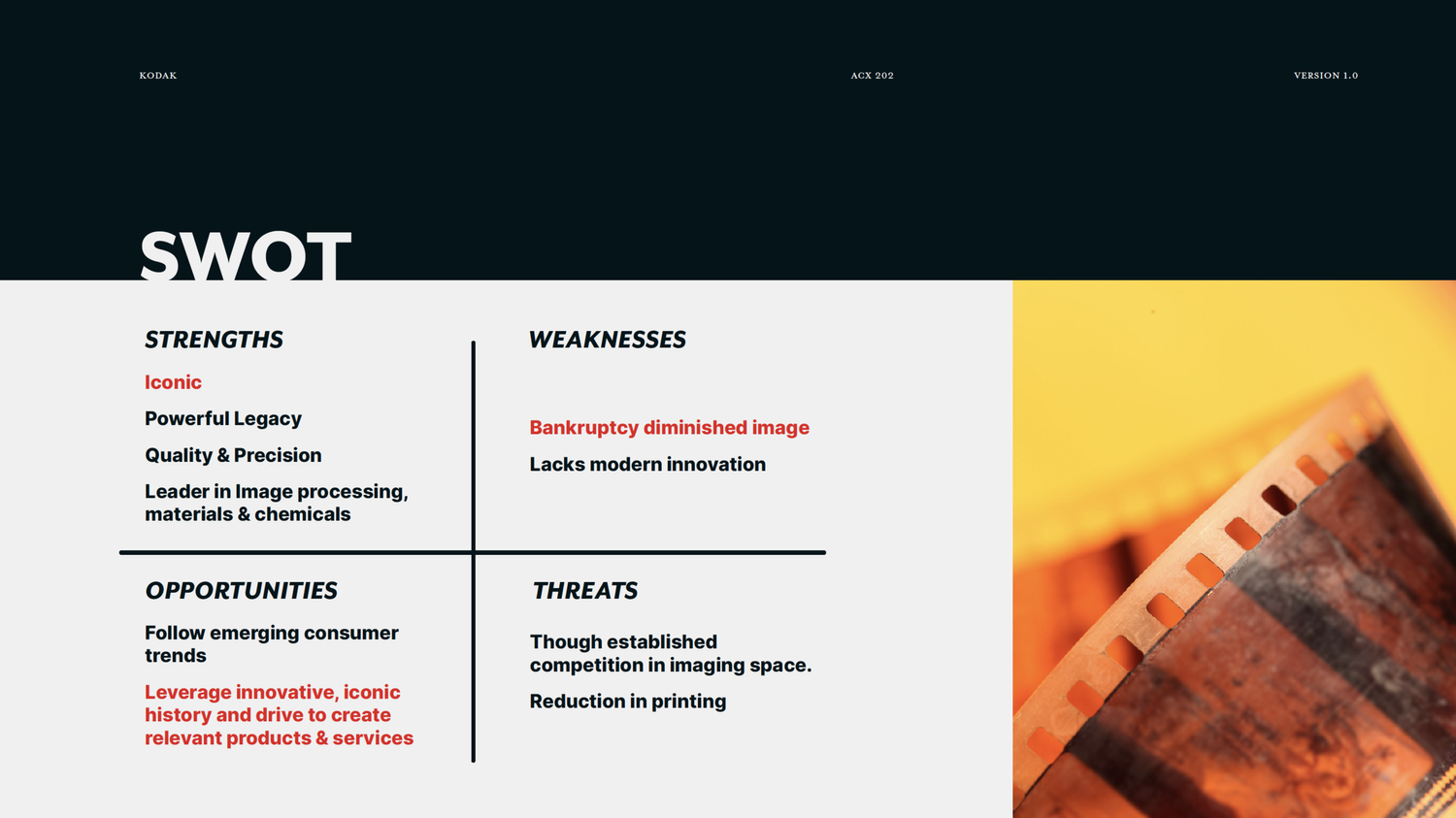 Kodak SWOT analysis slide.