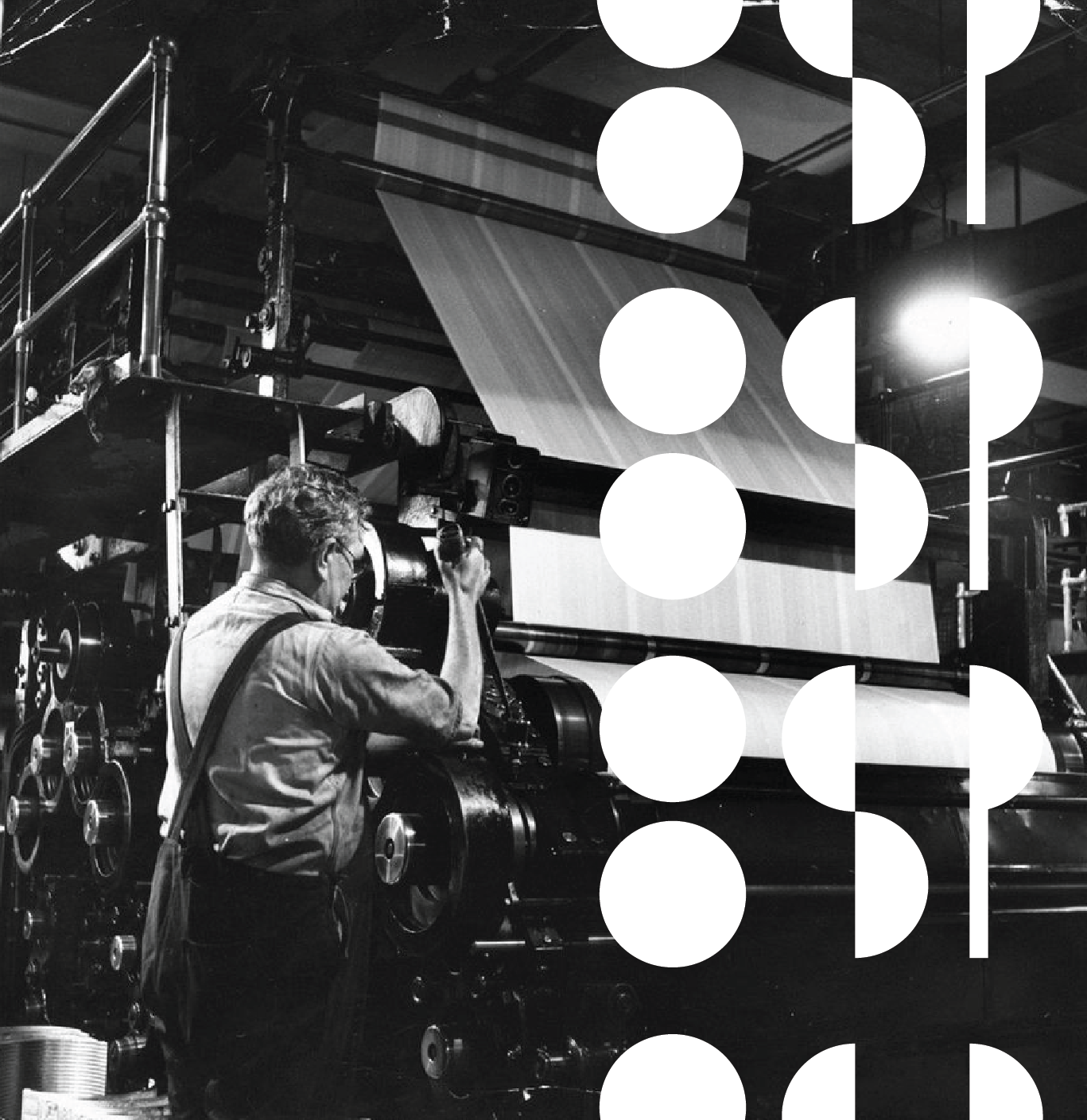 An offset printer operator at the press, overlaid with the Student Publications halftone mark.